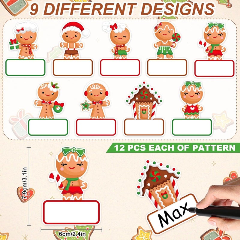 Whaline 108 Pcs Christmas Gingerbread Name Tags Gift Labels Cartoon Gingerbread Man Self Adhesive Name Tag Stickers for Xmas Present Holiday Decor - Image 2